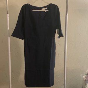 Lark & Ro Women's Navy Blue Asymmetric V Neck Sheath Midi Dress 12 NWT